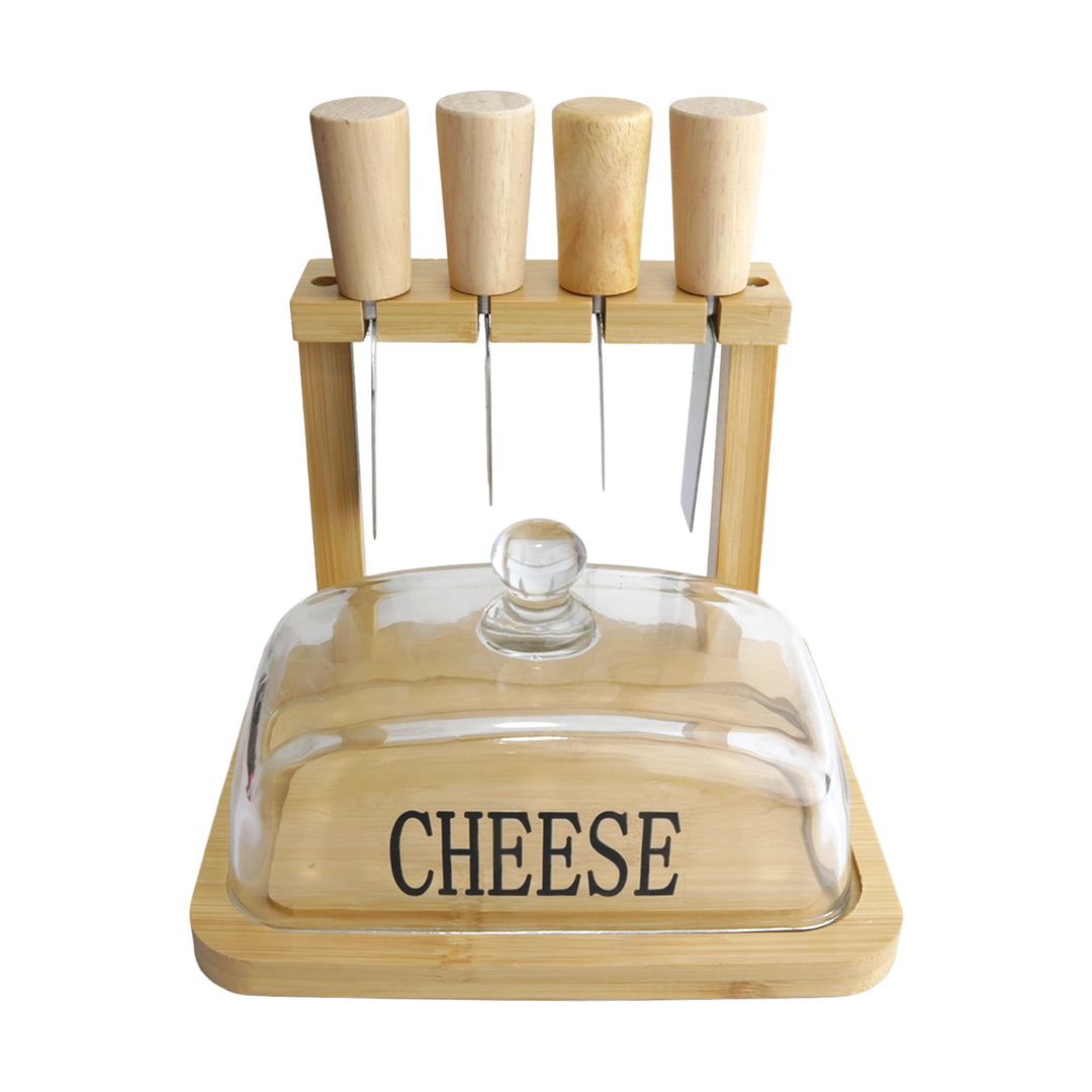 Planche à fromage en bois avec couvercle en verre 18x16cm + 4 couteaux