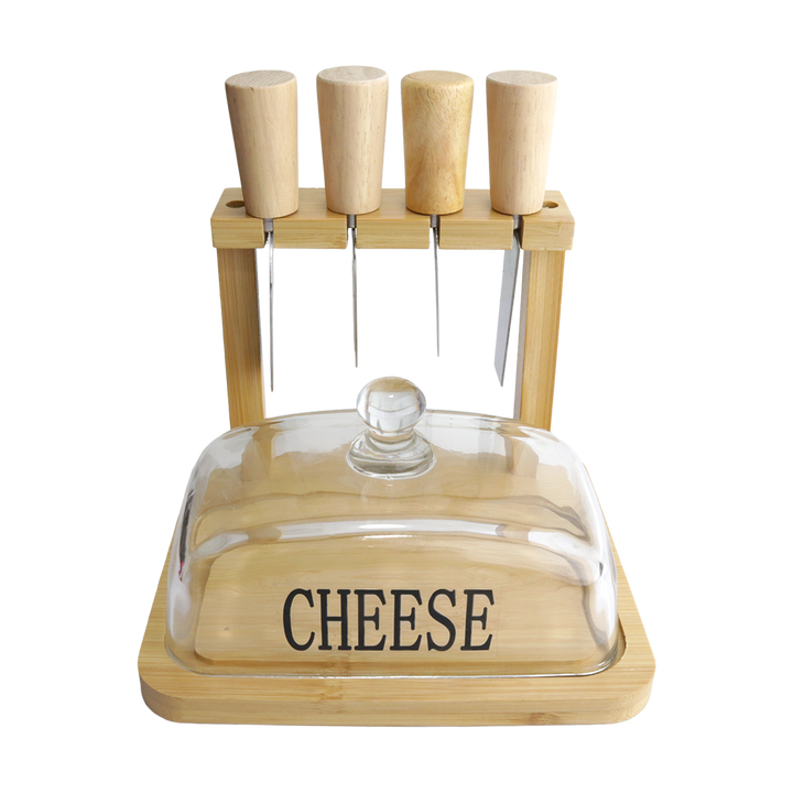 Planche à fromage en bois avec couvercle en verre 18x16cm + 4 couteaux