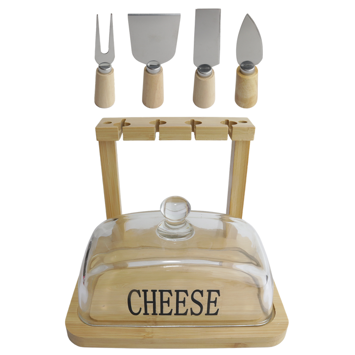 Planche à fromage en bois avec couvercle en verre 18x16cm + 4 couteaux