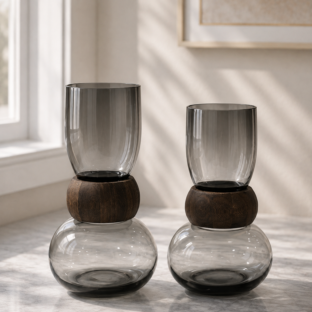 Set 2 Vases en Verre Transparent Gris 26cm + 33cm