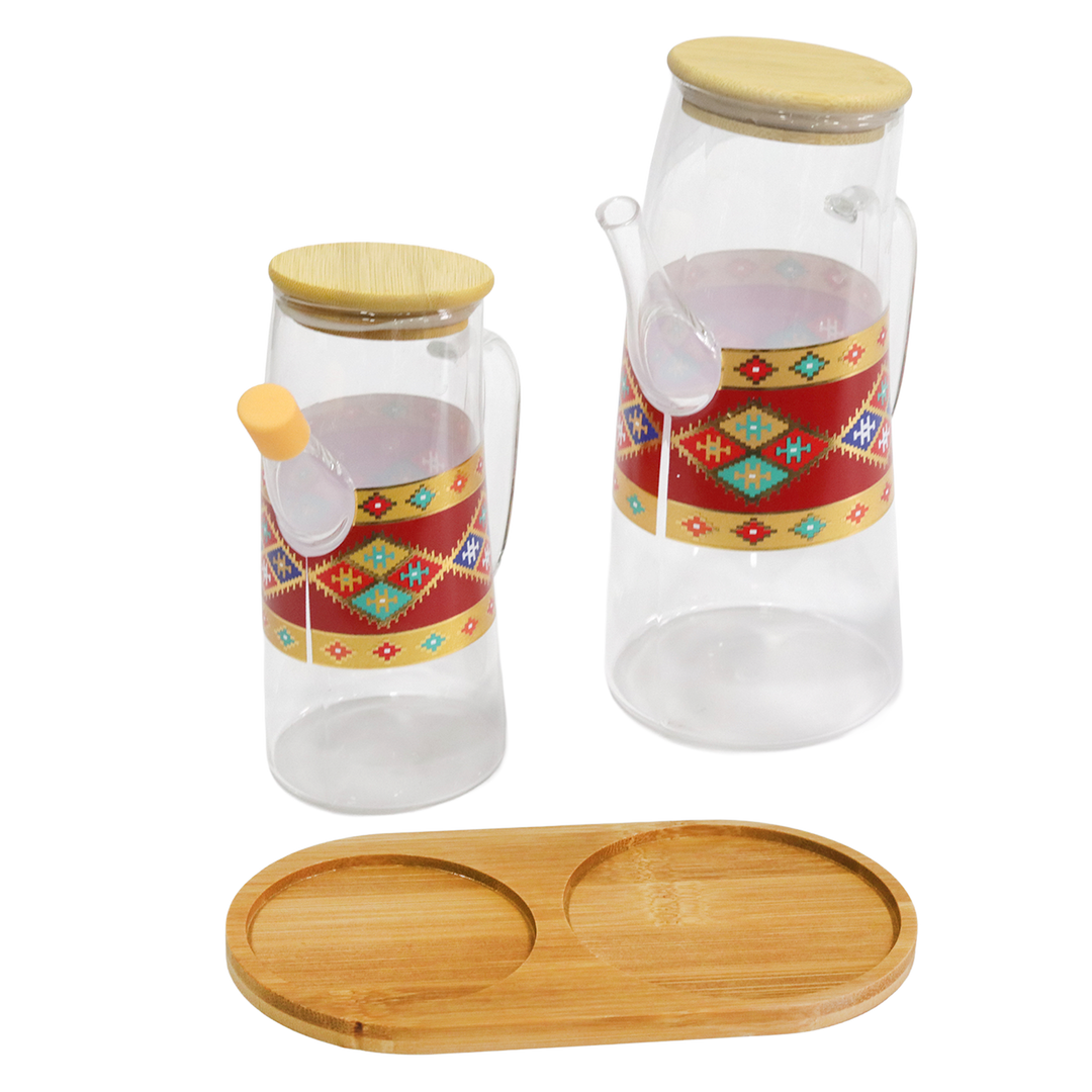 Set 2 huiliers en verre 400ML + 750ML + plateau en bois 18cm