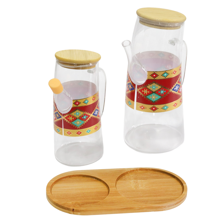 Set 2 huiliers en verre 400ML + 750ML + plateau en bois 18cm