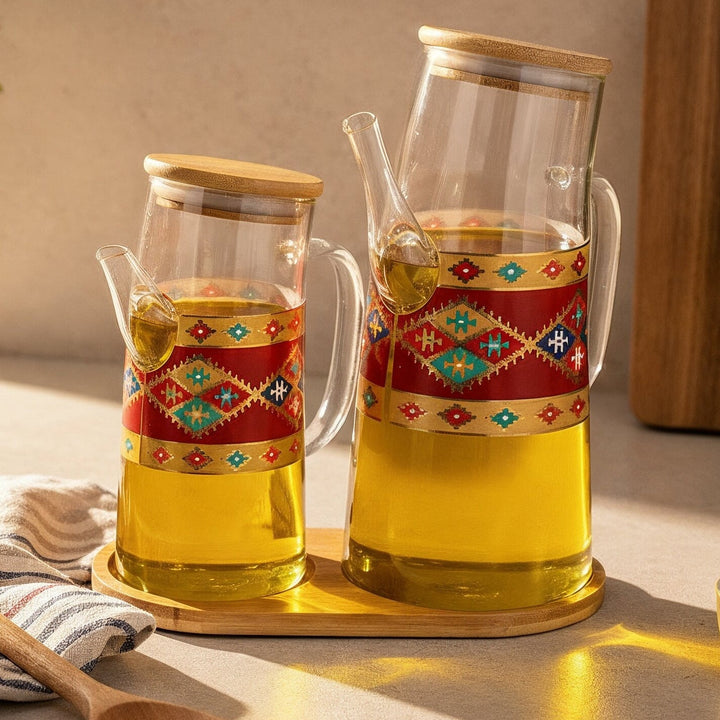 Set 2 huiliers en verre 400ML + 750ML + plateau en bois 18cm