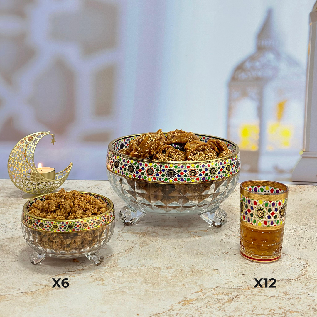 Set saladier 20cm + 6 bols 11,50cm en verre + 12 verres à thé zellij