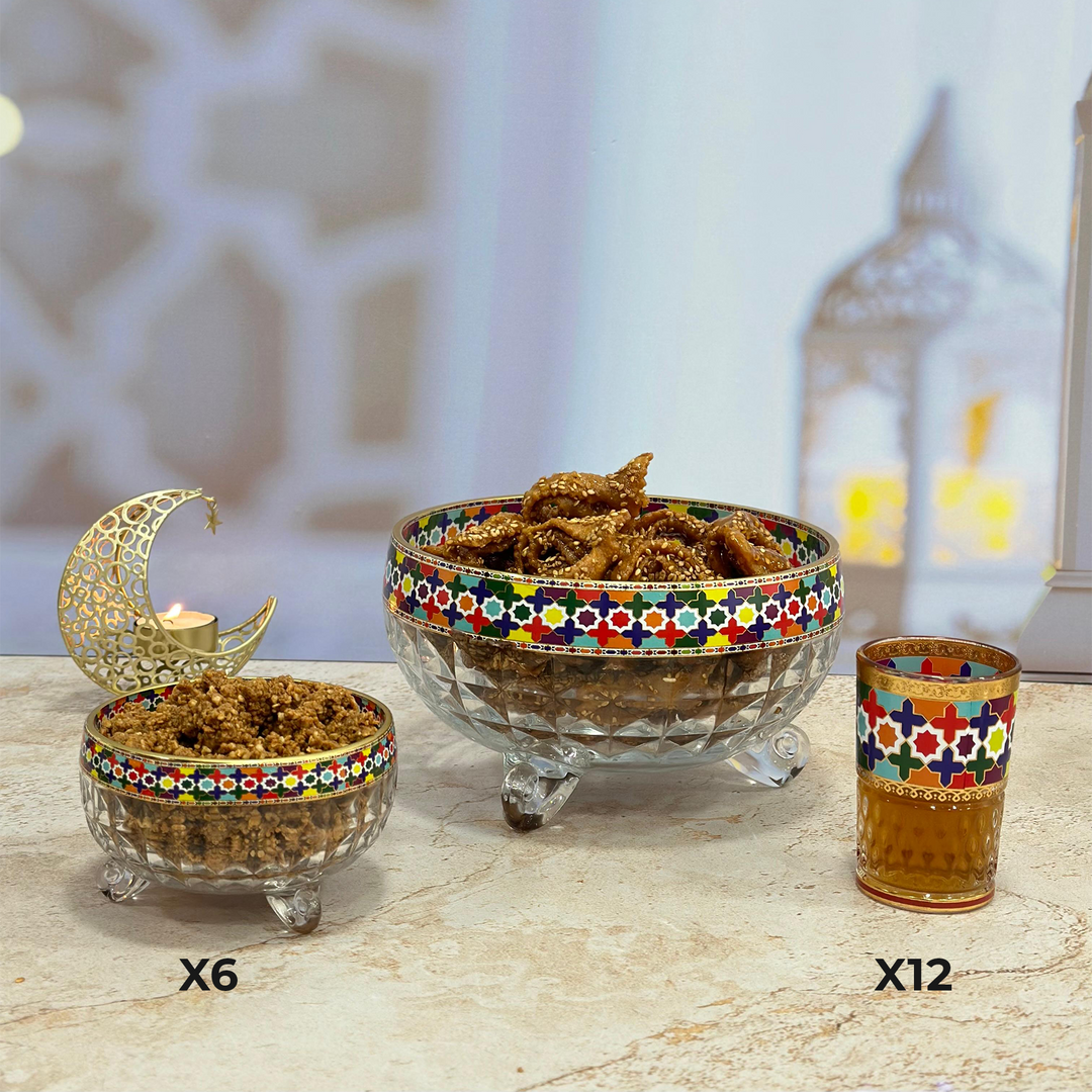 Set saladier 20cm + 6 bols 11,50cm en verre + 12 verres à thé zellij