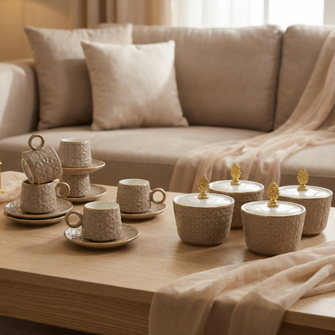 Set 6 Tasses 5x7cm + 6 Sous Tasses 12cm + 4 Bonbonnières 11cm Marron