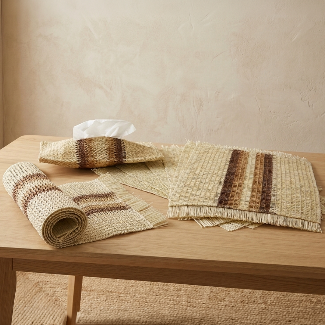 Set chemin de table 120x30cm + 6 sets de table 45x30cm + boite mouchoir 31cm en paille
