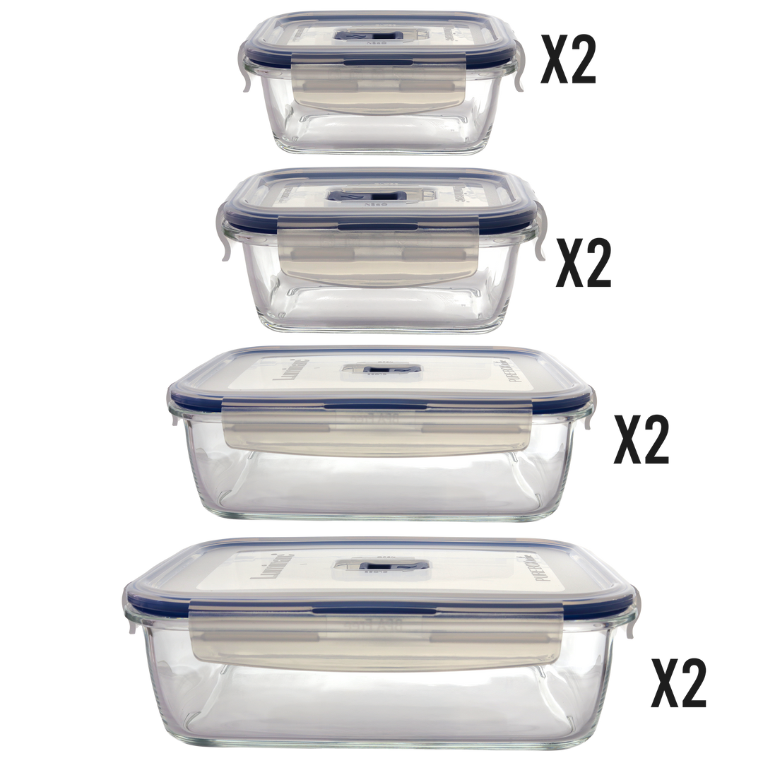 Set 8 boîtes en verre rectangulaires 2x380ML + 2x820ML + 2x1220ML + 2x1970ML