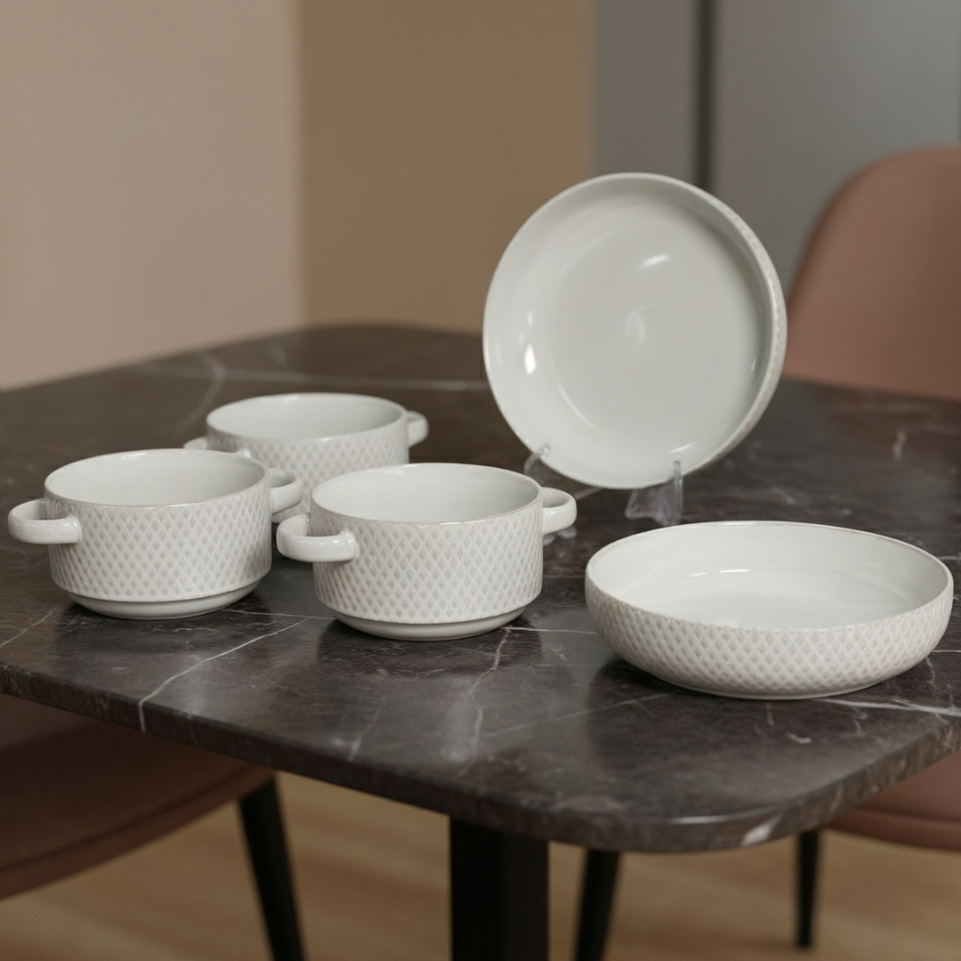 Set 2 assiettes creuses 22cm + 3 bols 15cm en céramique
