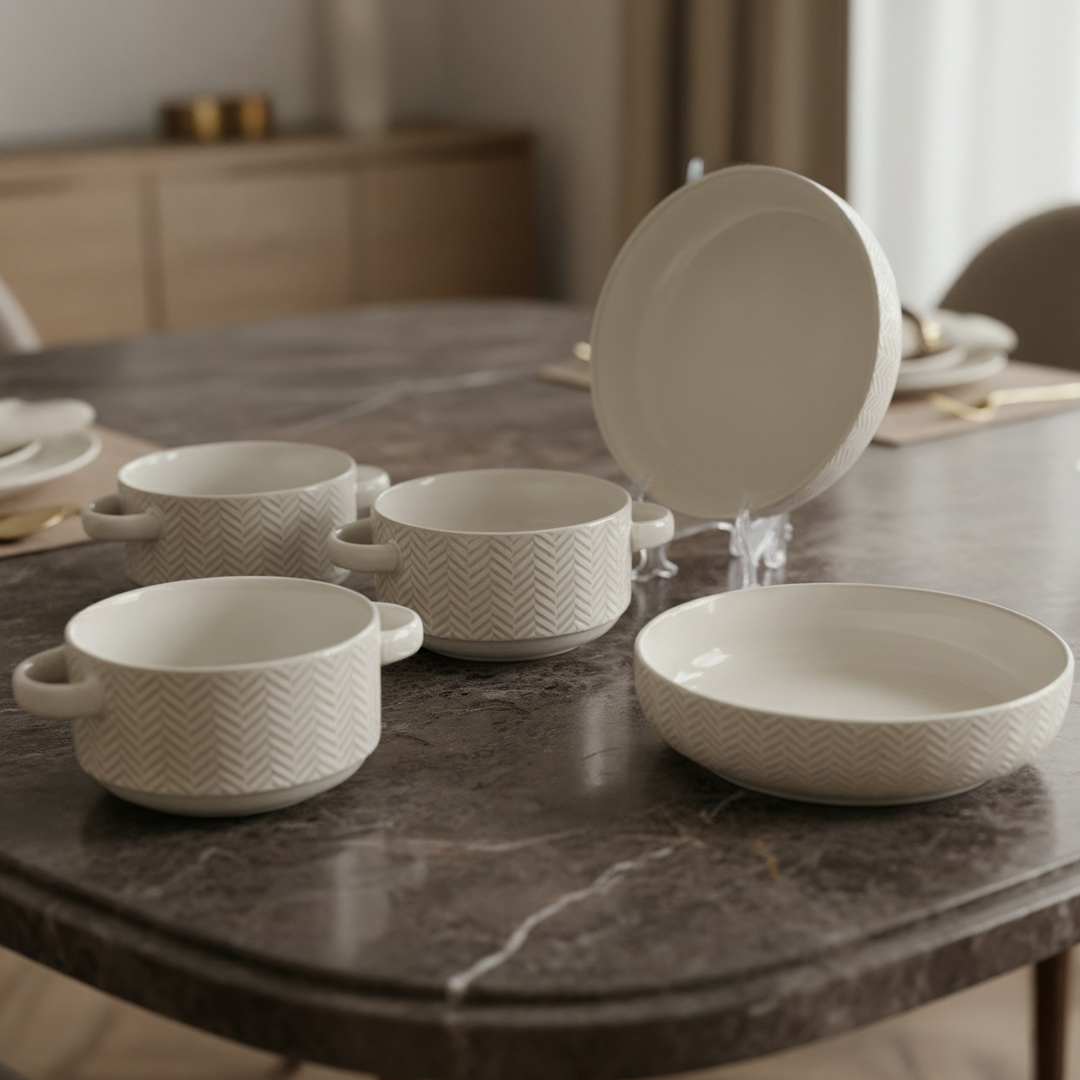 Set 2 assiettes creuses 22cm + 3 bols 15cm en céramique