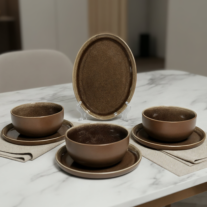 Set 3 assiettes 21cm + plats ovale 28cm + 3 bols 15cm en céramique