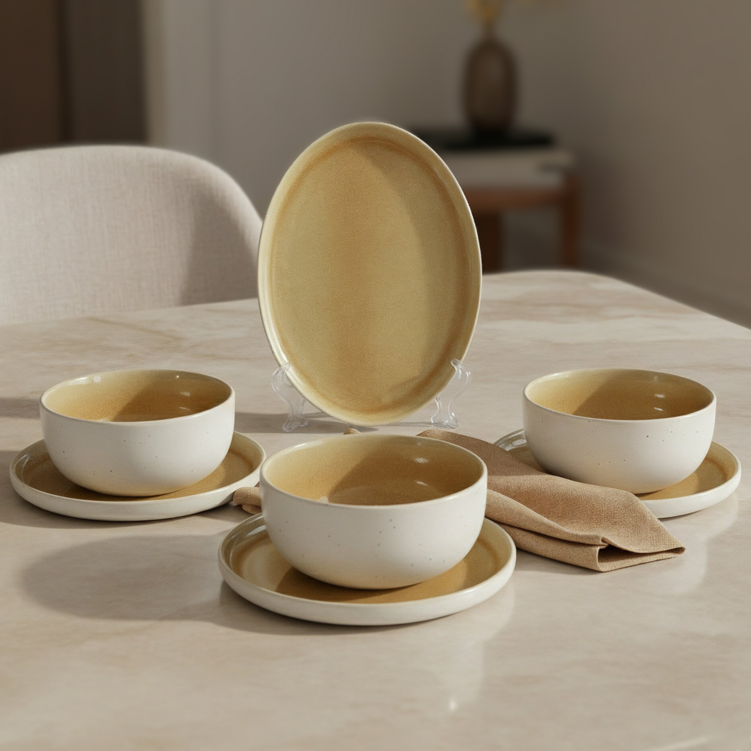 Set 3 assiettes 21cm + plats ovale 28cm + 3 bols 15cm en céramique