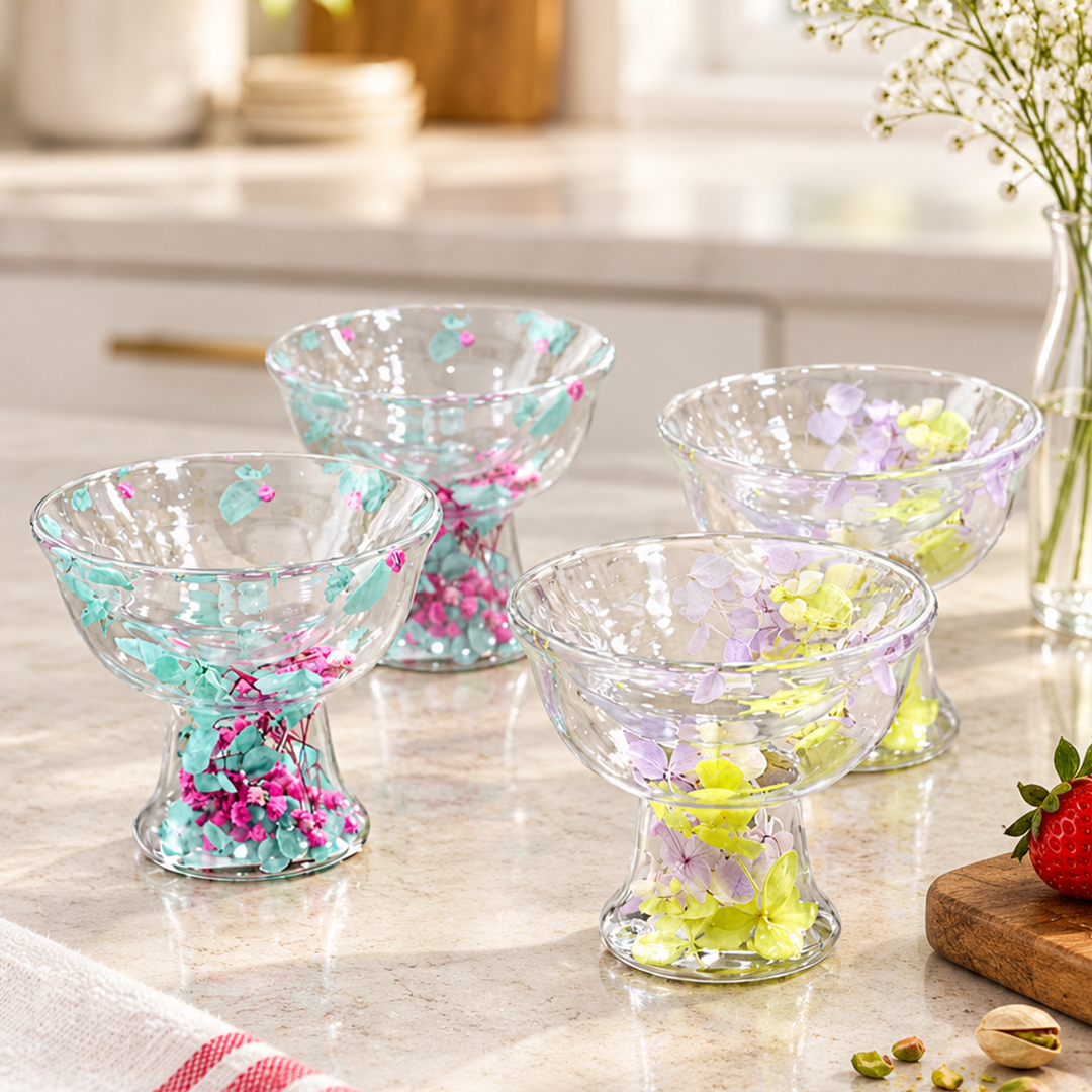 Set 4 coupelles en verre double paroi avec fleurs 150ML