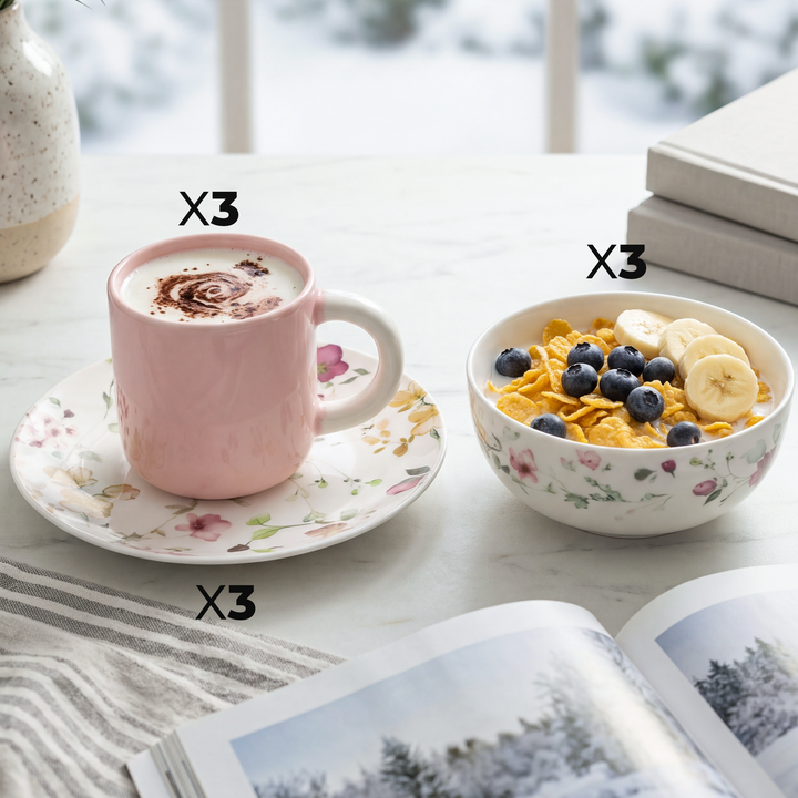 Set 3 mugs 350ML + 3 bols 13cm + 3 assiettes 19cm Floral