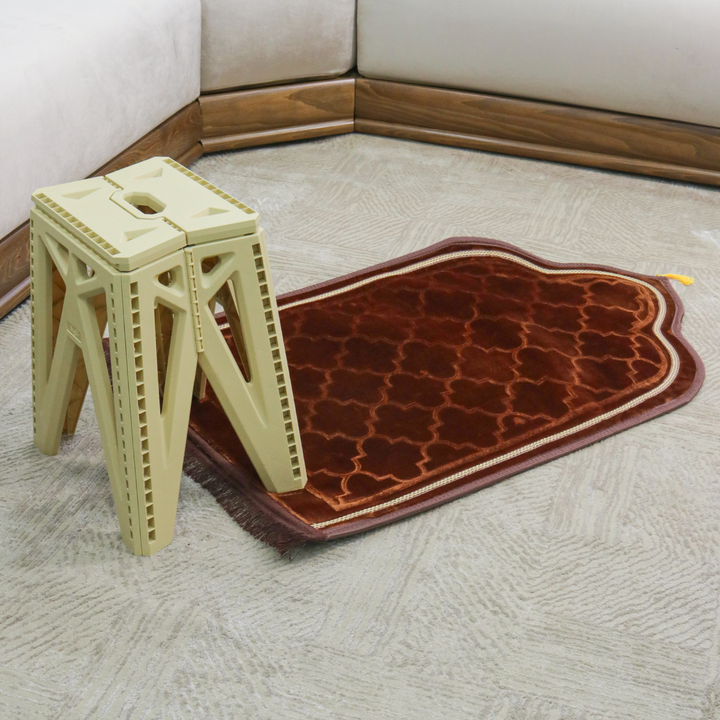 Set tapis prière en velours 115x70cm + tabouret pliable 28x23x45cm