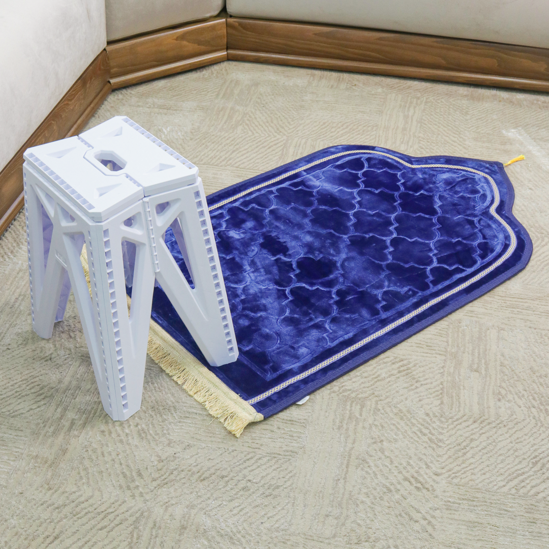 Set tapis prière en velours 115x70cm + tabouret pliable 28x23x45cm