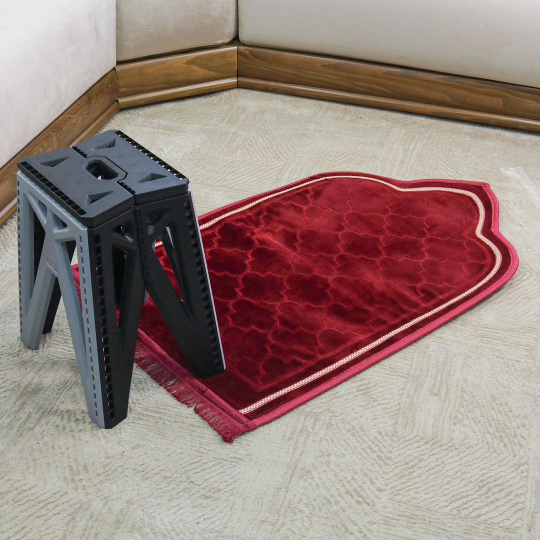 Set tapis prière en velours 115x70cm + tabouret pliable 28x23x45cm