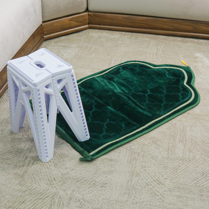 Set tapis prière en velours 115x70cm + tabouret pliable 28x23x45cm