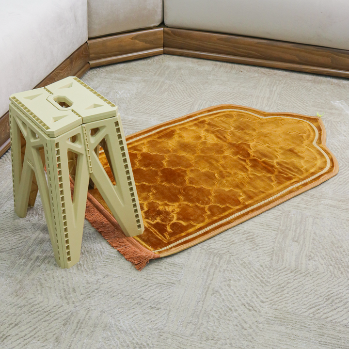 Set tapis prière en velours 115x70cm + tabouret pliable 28x23x45cm