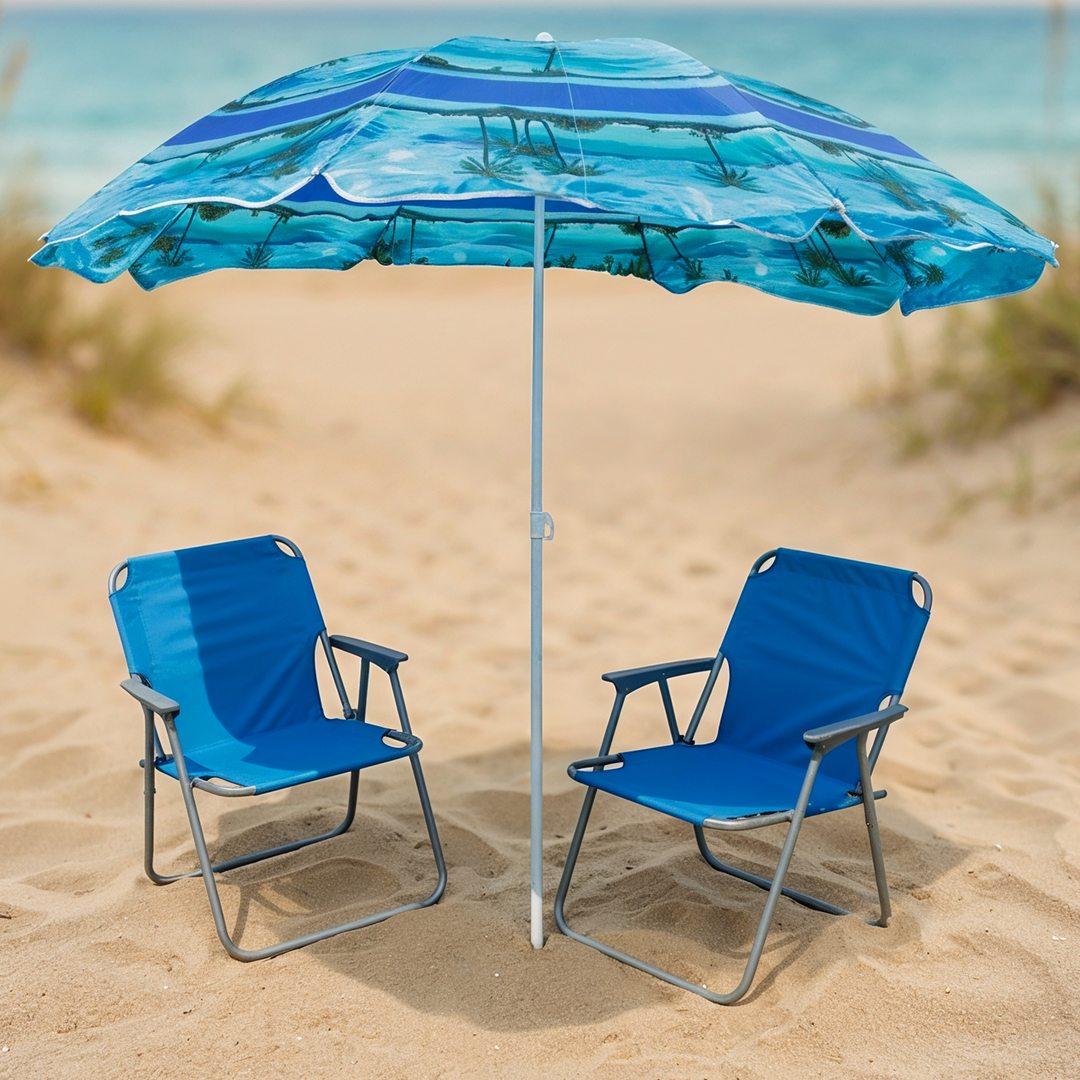 Set 2 chaises pliables + parasol 180cm