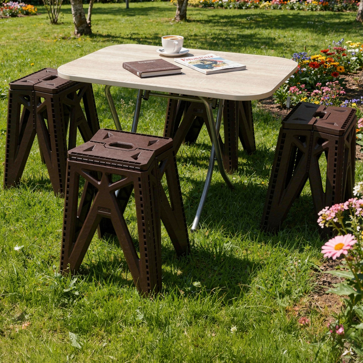 Table pliable rectangulaire 50x80x56cm + 4 tabourets pliable en plastique 28x23x45cm