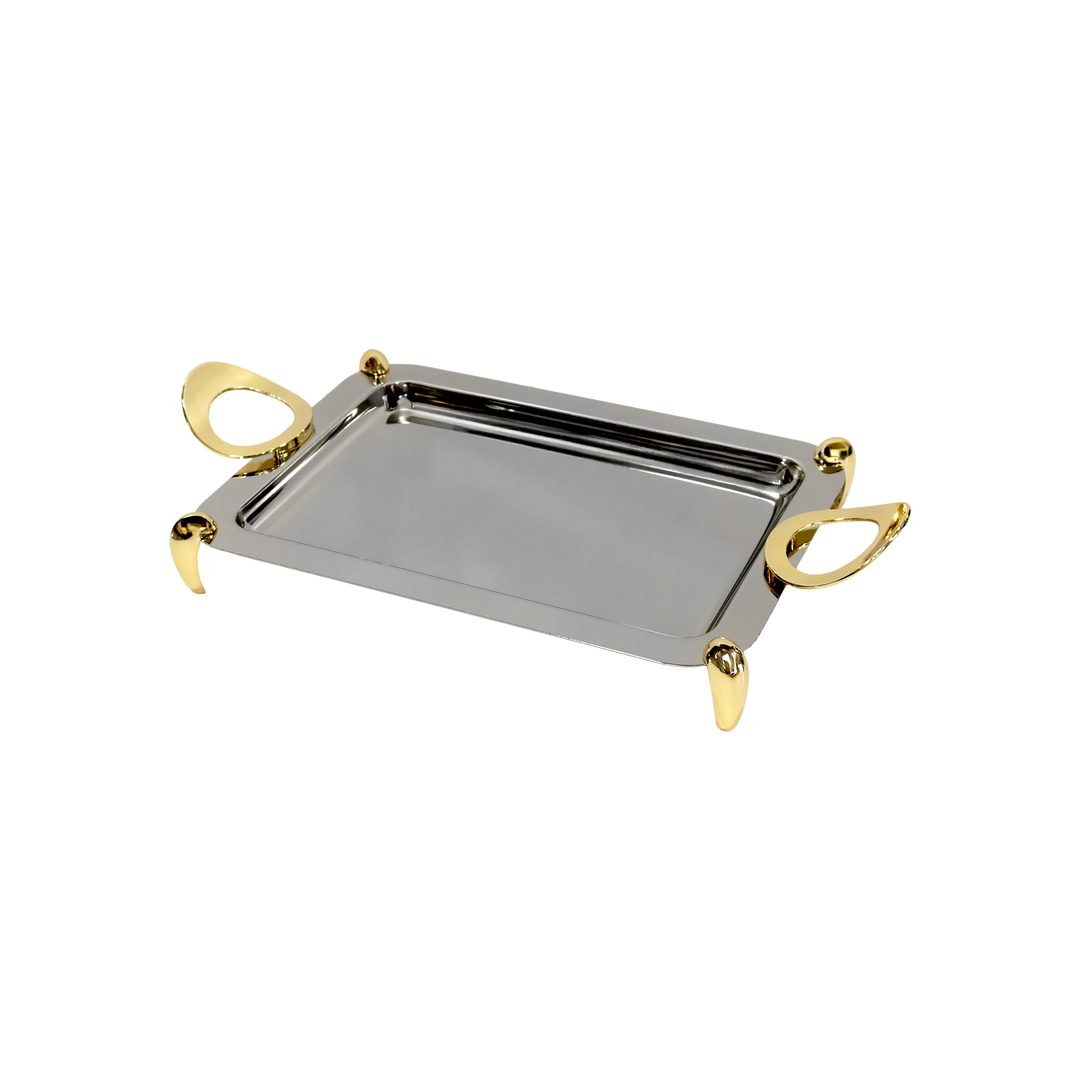 Plateau en inox argenté avec 2 manches dorés 35x24cm