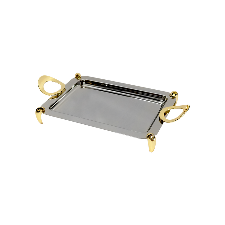 Plateau en inox argenté avec 2 manches dorés 35x24cm