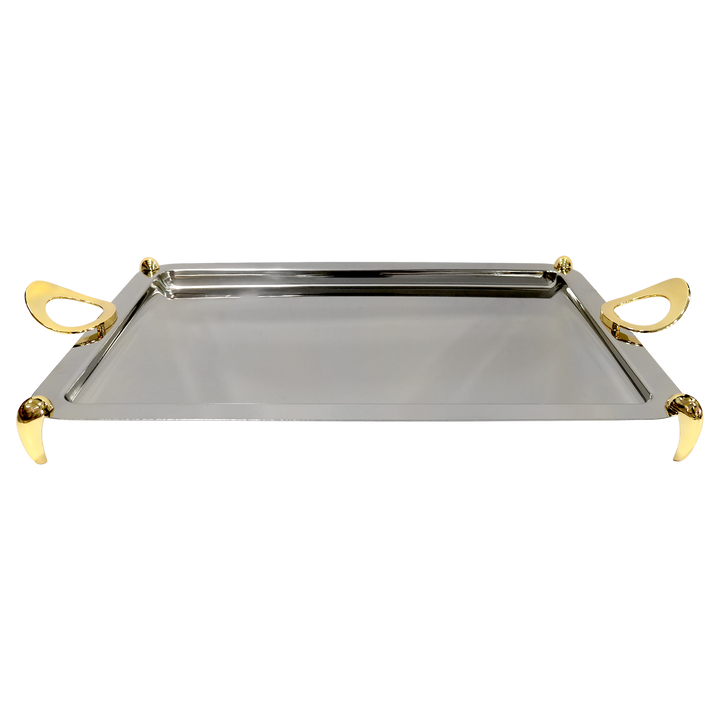 Plateau en inox argenté avec 2 manches dorés 50x36cm