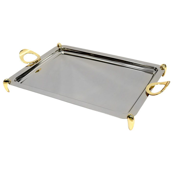 Plateau en inox argenté avec 2 manches dorés 50x36cm