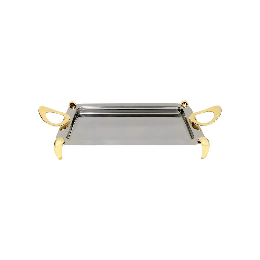 Plateau en inox argenté avec 2 manches dorés 35x24cm