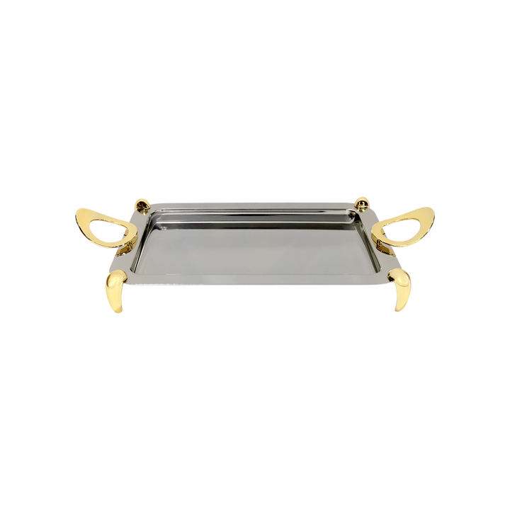 Plateau en inox argenté avec 2 manches dorés 35x24cm