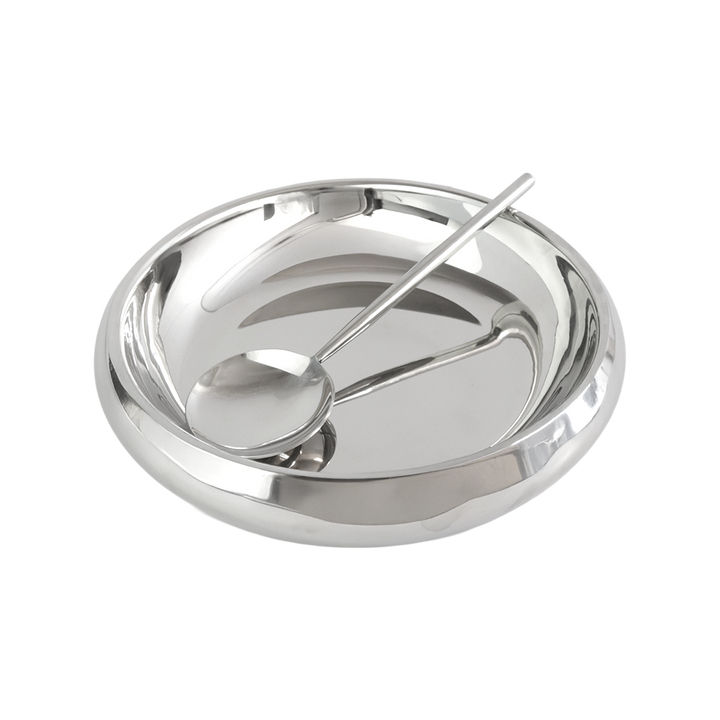 Bol en inox argenté 28x5,50cm+ cuillère 25,50cm