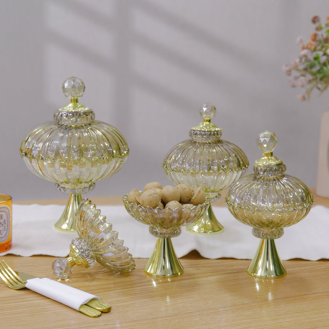 Set 4 bonbonnières en verre doré avec pied