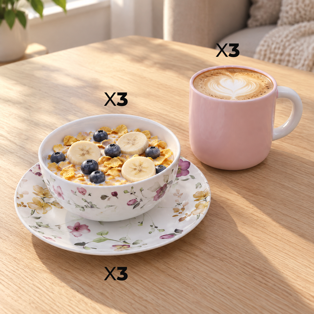 Set 3 mugs 350ML + 3 bols 13cm + 3 assiettes 19cm Floral