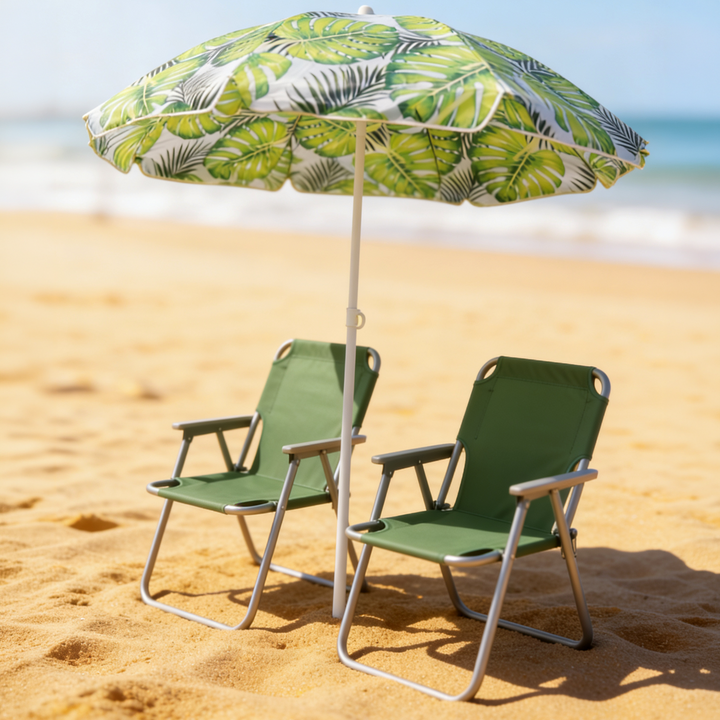 Set 2 chaises pliables + parasol 180cm
