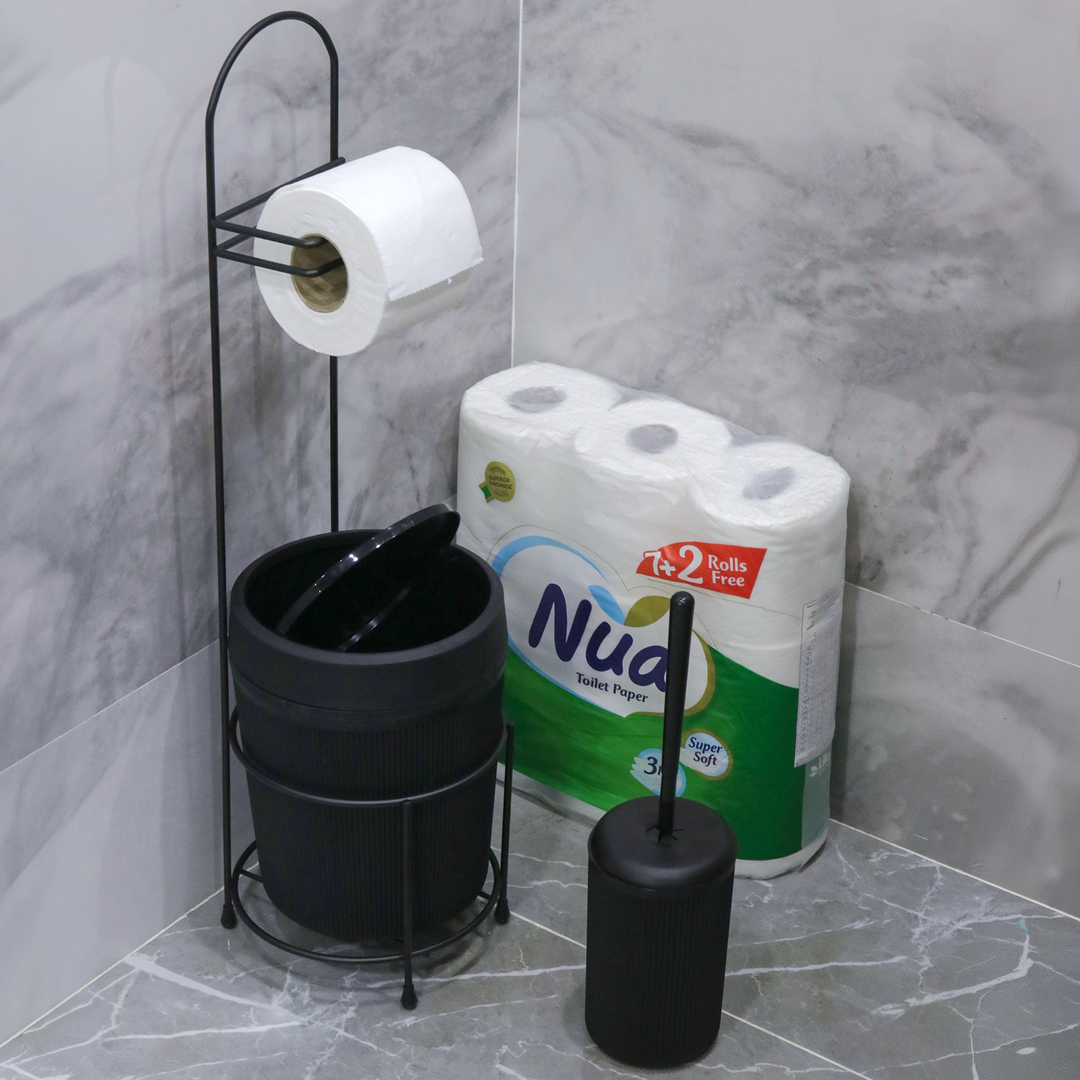 Set porte papier 64cm + poubelle 17cm + brosse 16cm + papier toilette 9pcs