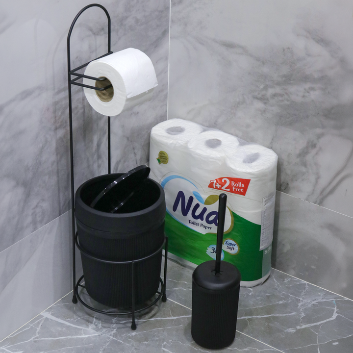 Set porte papier 64cm + poubelle 17cm + brosse 16cm + papier toilette 9pcs