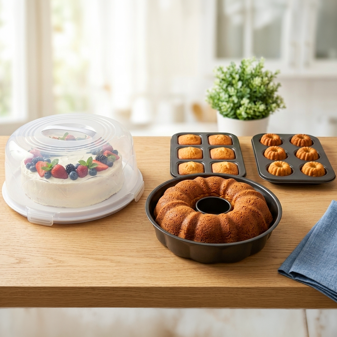 Set 3 moules à cake (26cm + 26cm + 28cm) + cloche cake 33cm