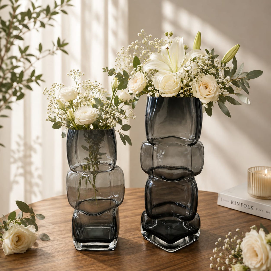 Set 2 vases cube en verre transparent noir 30cm + 27cm
