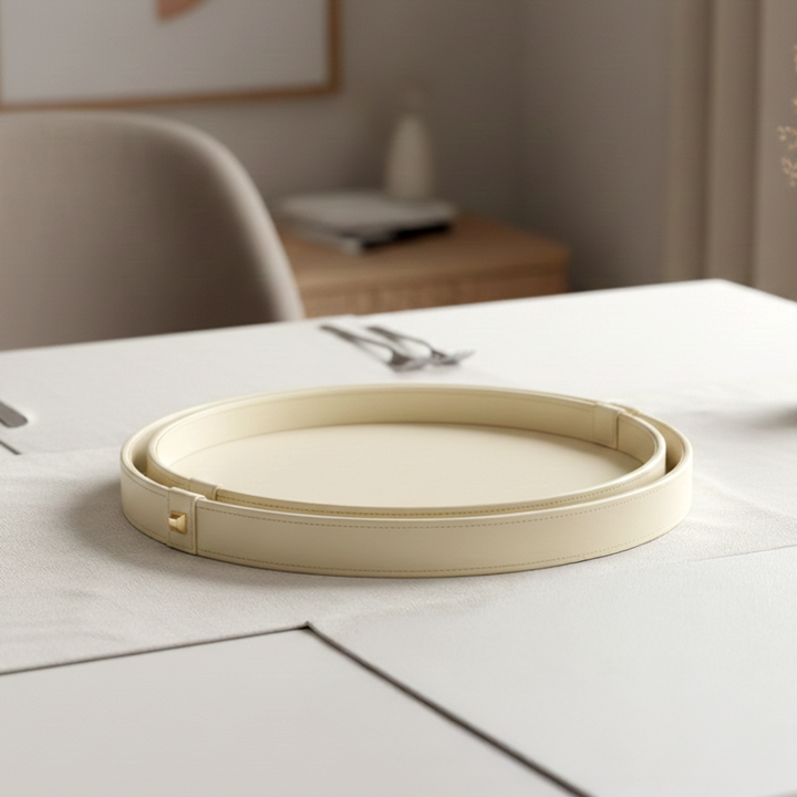 Set 2 plateaux ronds beige en cuir 36cm + 40cm