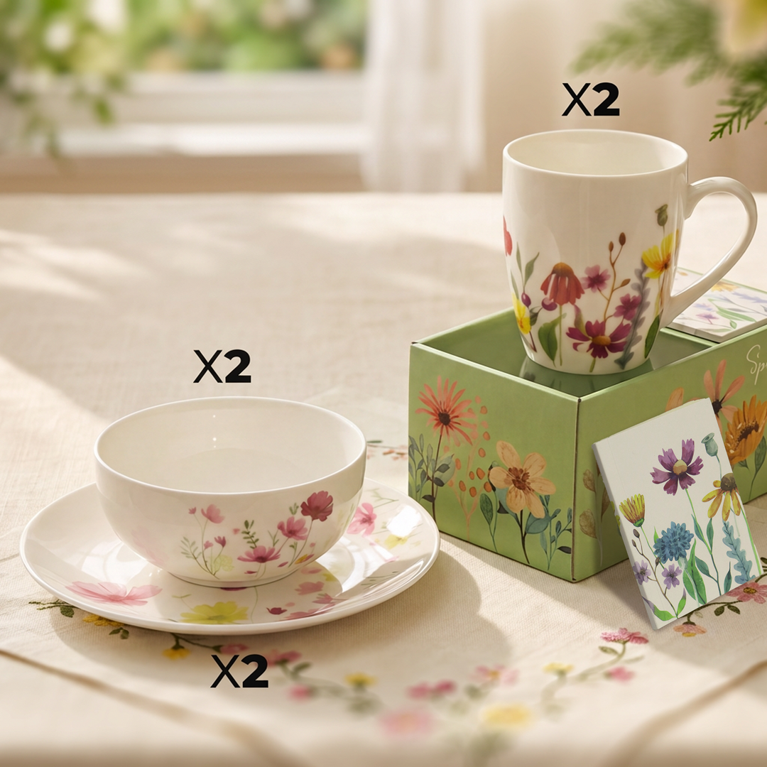 Set 2 bols 13cm + 2 assiettes 20cm + 2 coffrets de mugs 350ML avec 2 notebook