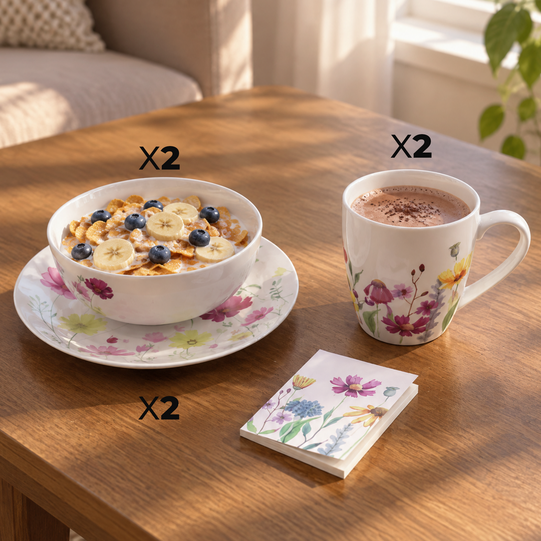 Set 2 bols 13cm + 2 assiettes 20cm + 2 coffrets de mugs 350ML avec 2 notebook