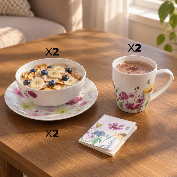 Set 2 bols 13cm + 2 assiettes 20cm + 2 coffrets de mugs 350ML avec 2 notebook