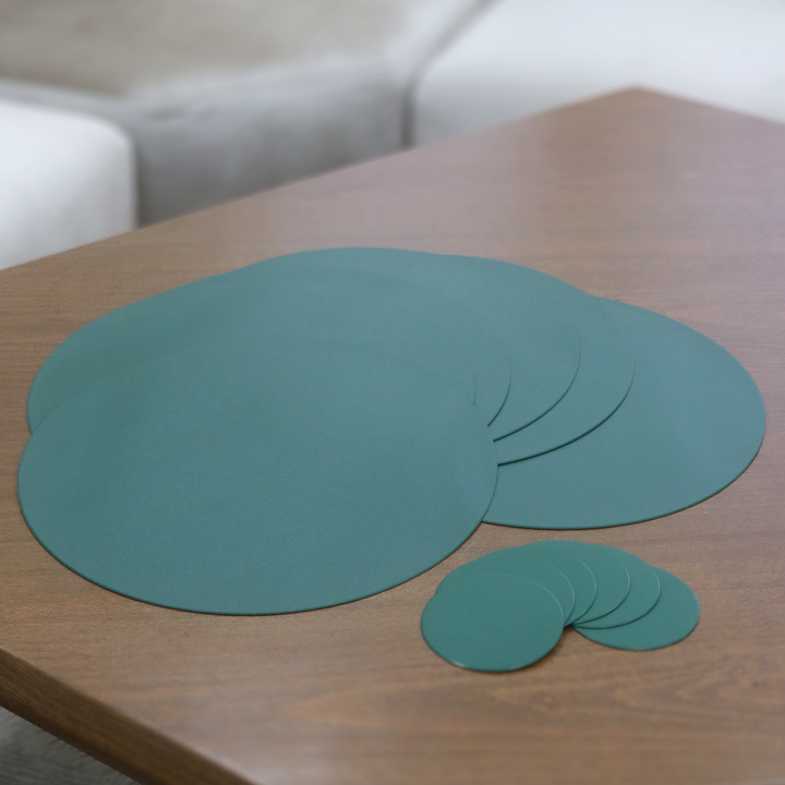 6 sets de table ronds 38cm en simili cuir + 6 sous tasses ronds 10cm