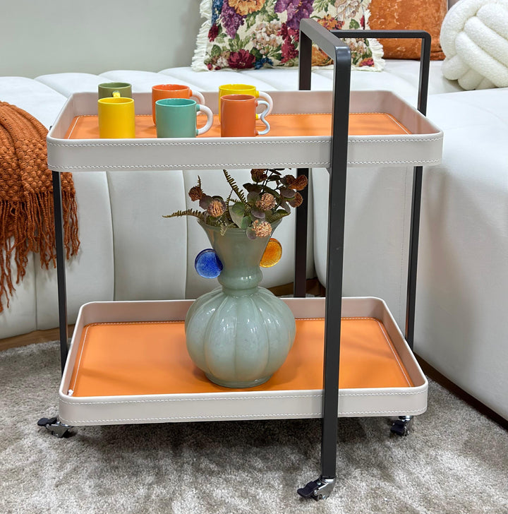 Chariot rectangulaire 2 niveaux 54x35x67cm en simili cuir