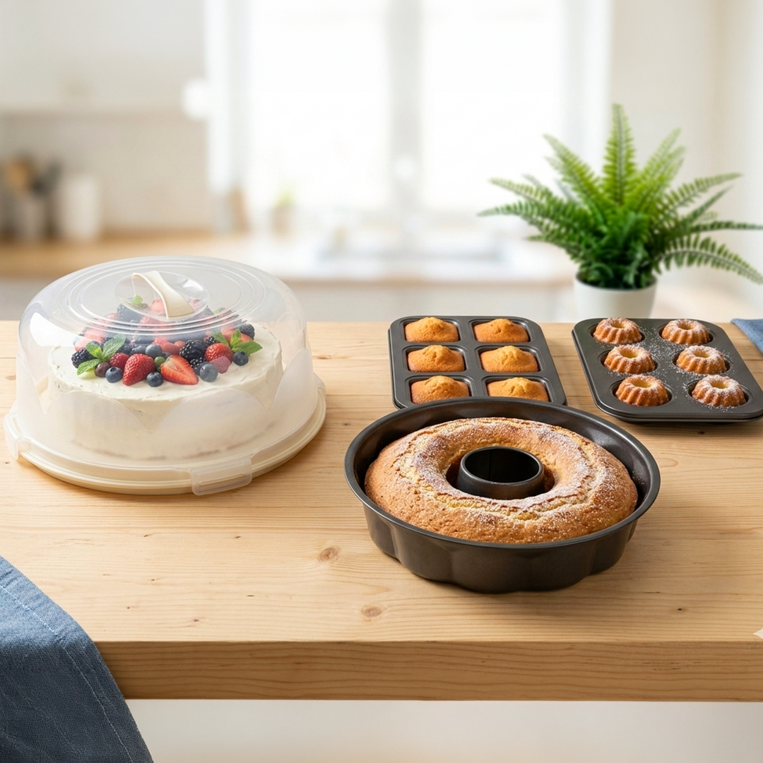 Set 3 moules à cake (26cm + 26cm + 28cm) + cloche cake 33cm