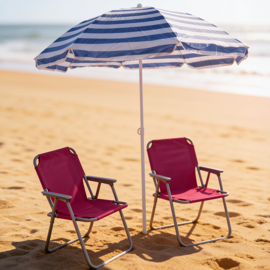 Set 2 chaises pliables + parasol 180cm