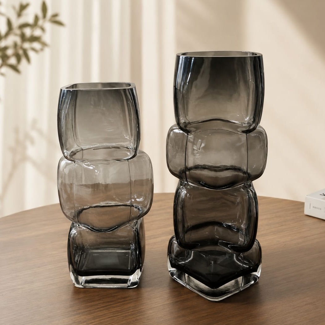 Set 2 vases cube en verre transparent noir 30cm + 27cm