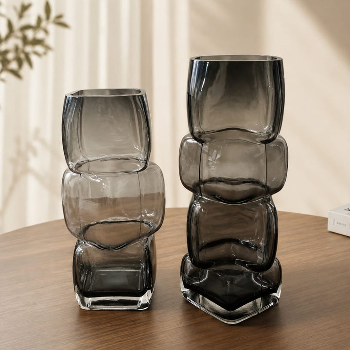Set 2 vases cube en verre transparent noir 30cm + 27cm