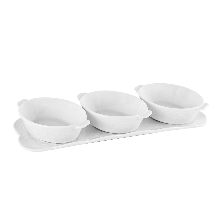 Set 3 ramequins ovales 13cm + plat rectangulaire 37cm - Saga Cuisine